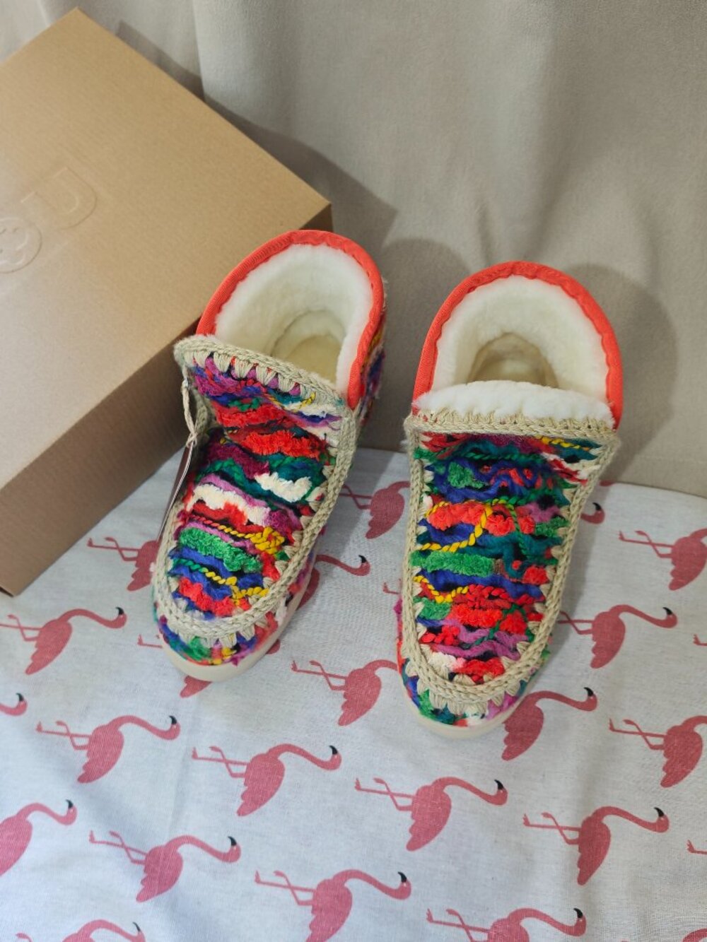 Mou Multicolor Hand Crochet Wool Ankle Boots Shearling Lined Women’s Winter Boot